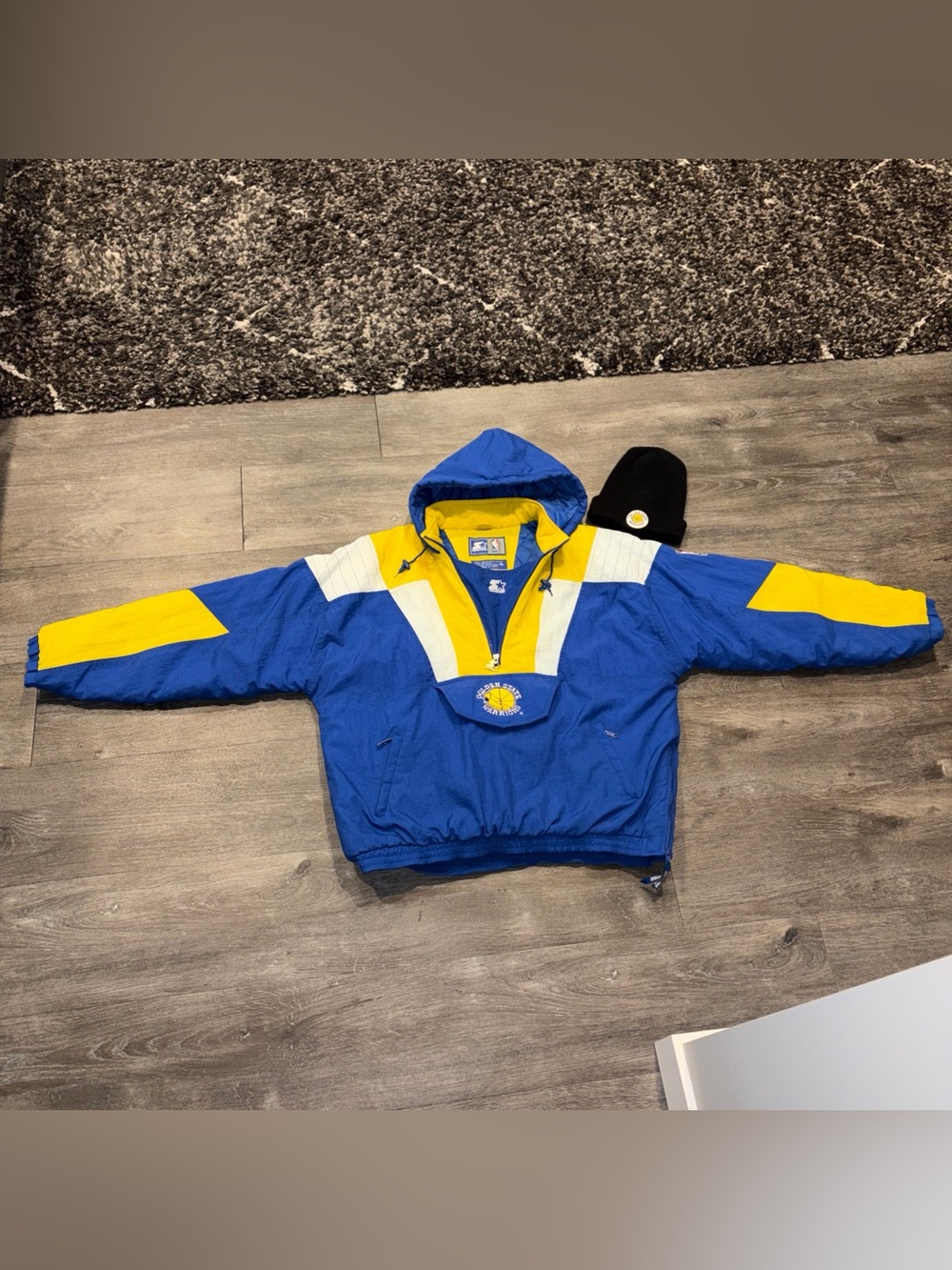Vintage 90s Starter Golden State Warriors Pullover Puffer Jacket XXL & Hat RARE - Picture 1 of 16